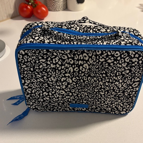 Vera Bradley Handbags - Vera Bradley Black & White Leopard Print Cosmetic Case with Bright Blue Trim